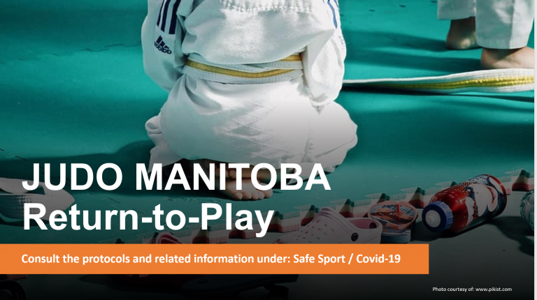 Judoka kneeling on tatami; text: "JUDO MANITOBA Return-to-Play"