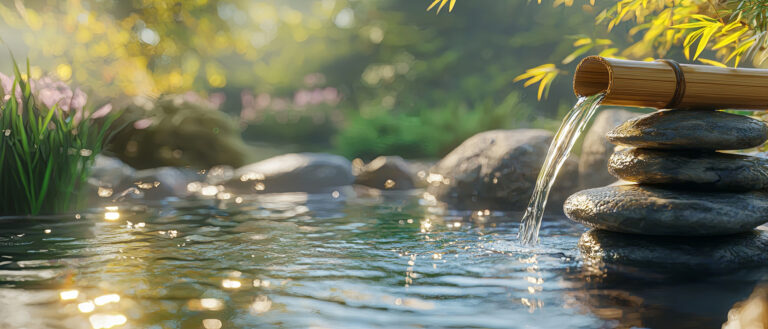 Water flowing from a bamboo spout into a tranquil pond with stacked stones